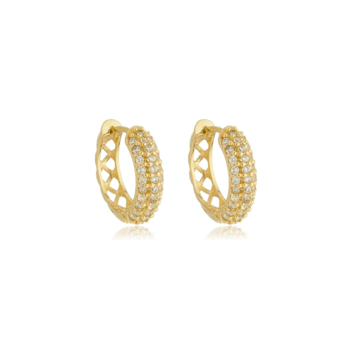 Brinco Ouro 18k Argola C/Zircônias 3 Fileiras 1.30cm