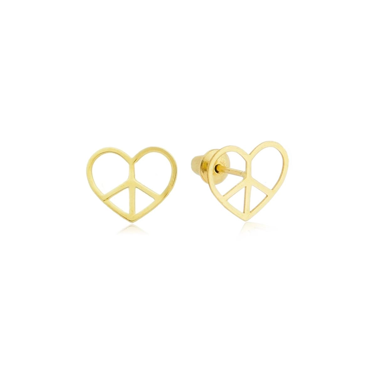 Brinco Ouro 18k Coração Paz e Amor