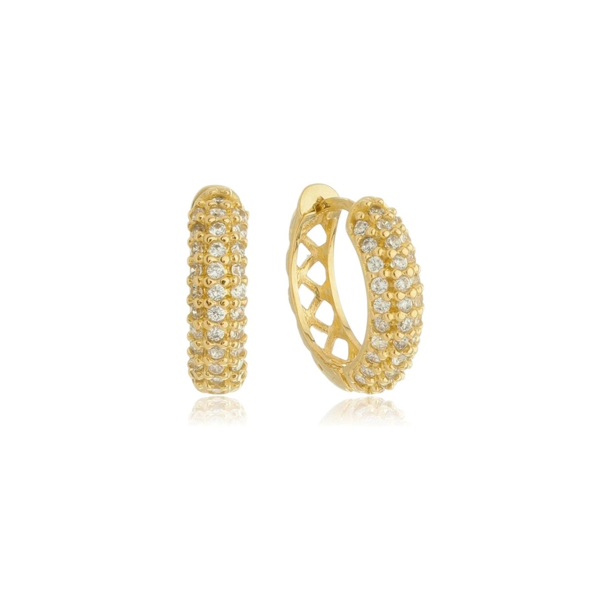 Brinco Ouro 18k Argola C/Zircônias 3 Fileiras 1.30cm