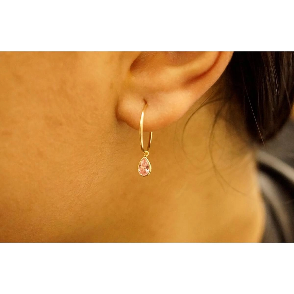 Brinco Ouro 18k Argola Redonda C/Gota Rosa 0.90 gramas