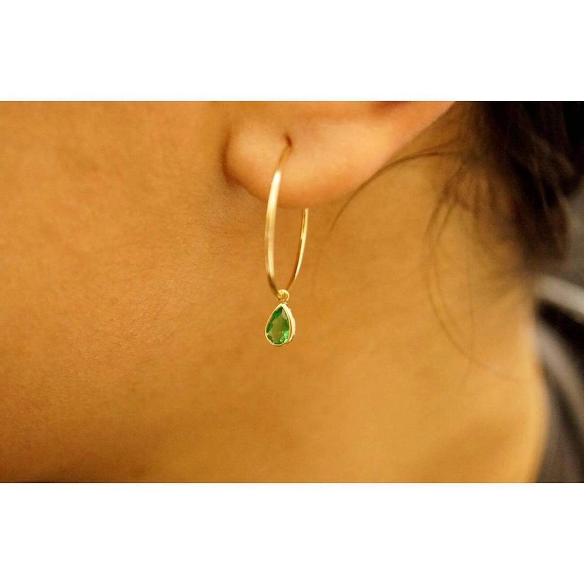 Brinco Ouro 18k Argola Redonda C/Gota Verde 1.00 grama