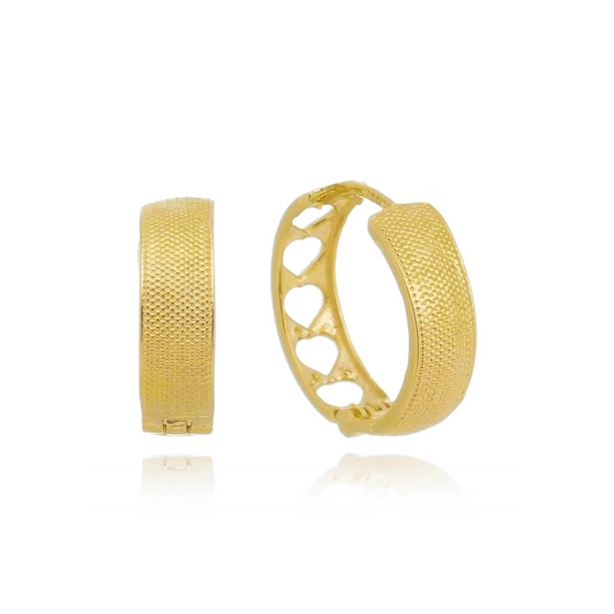 Brinco Ouro 18k Argola Trabalhada C/ Coração 14mm