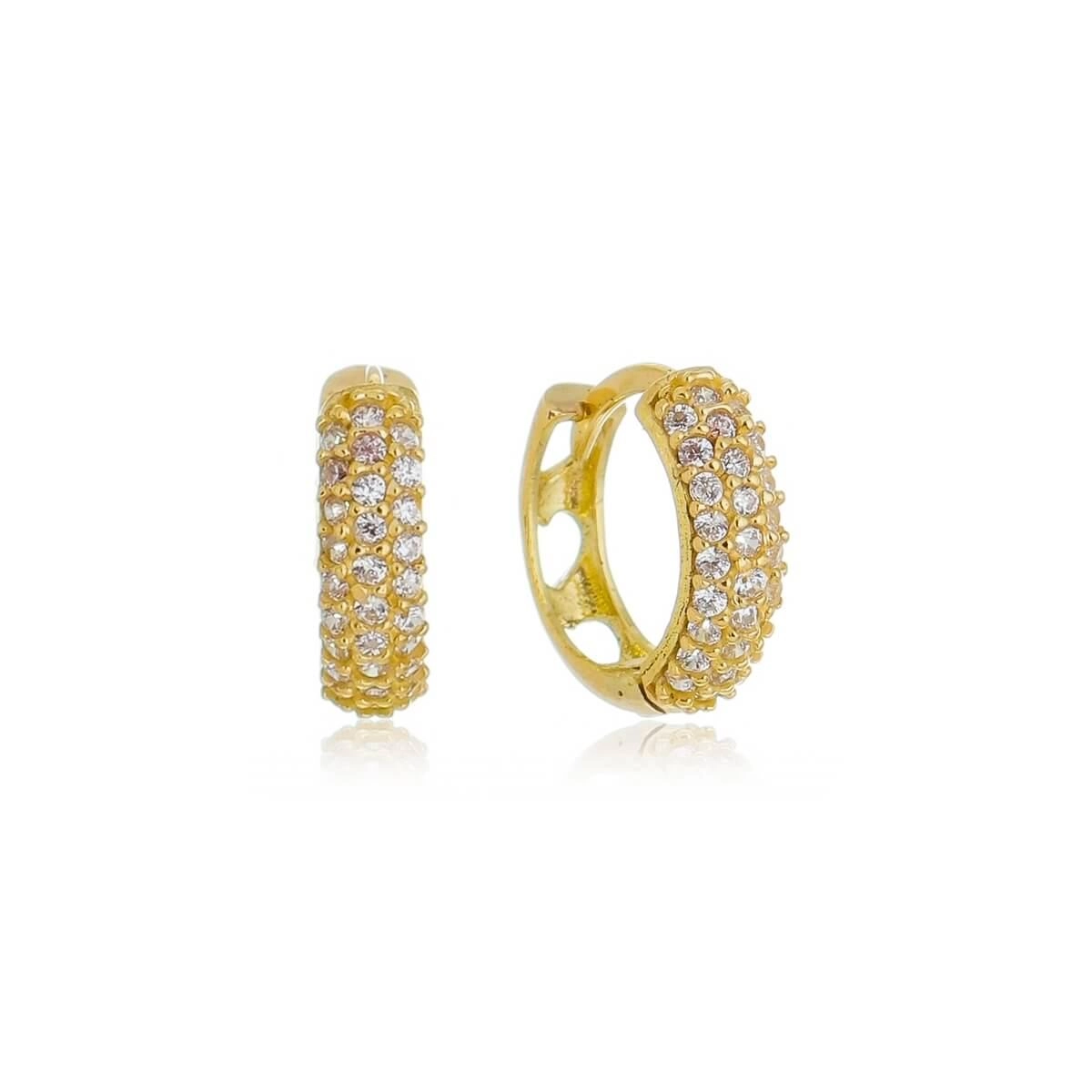 Brinco Ouro 18k Argola Trava C/Zircônia 3 Fileiras 1.15cm 