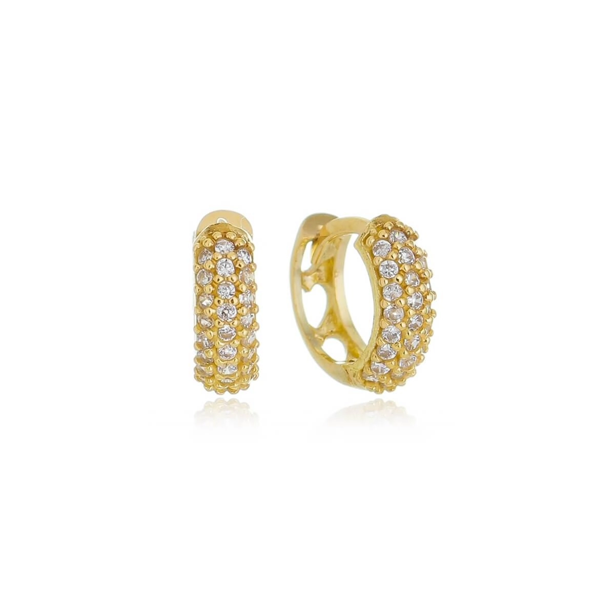 Brinco Ouro 18k Argola Trava C/Zircônias 3 Fileiras 1.05cm