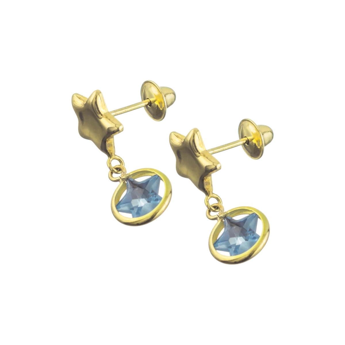 Brinco Ouro 18k Estrela Zircônia Pendurada Azul 1.00 Gramas