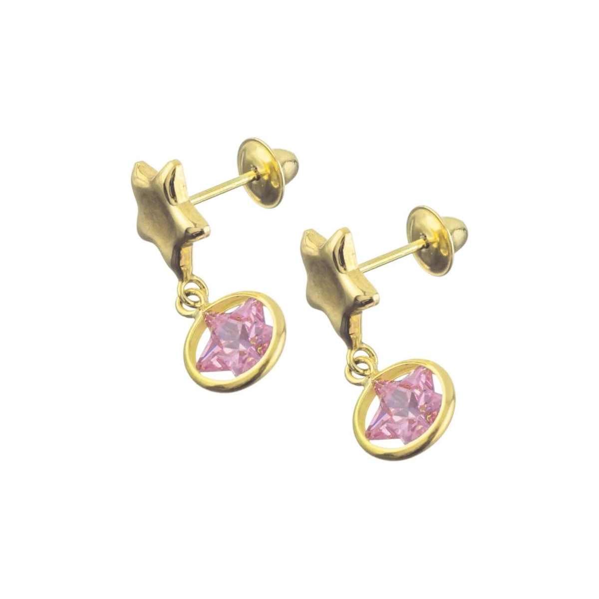 Brinco Ouro 18k Estrela Zircônia Pendurada Rosa 1.00 Gramas