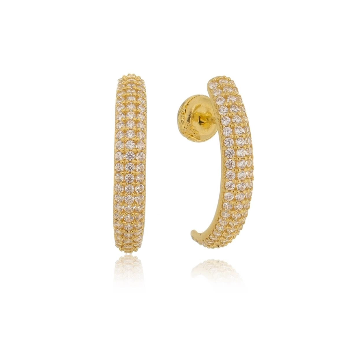 Brinco Ouro 18k Meia Argola C/Zircônias 2cm 