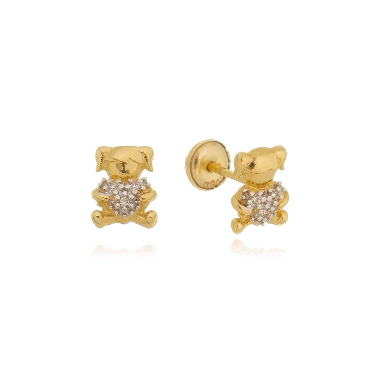 Brinco Ouro 18k Menina Zircônia C/Ródio 8mm 