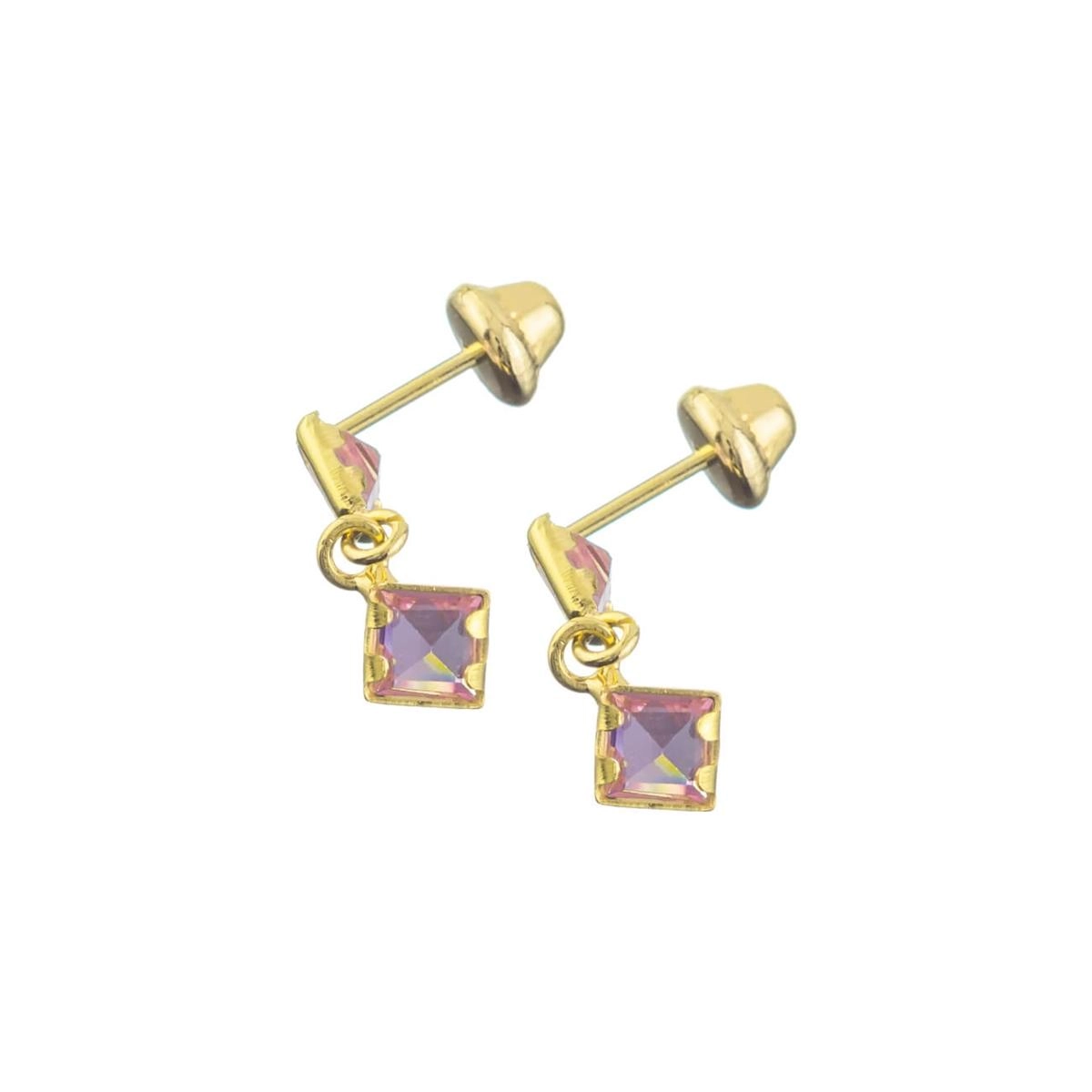 Brinco Ouro 18k Zirconia Rosa Carret 0.65 Gramas