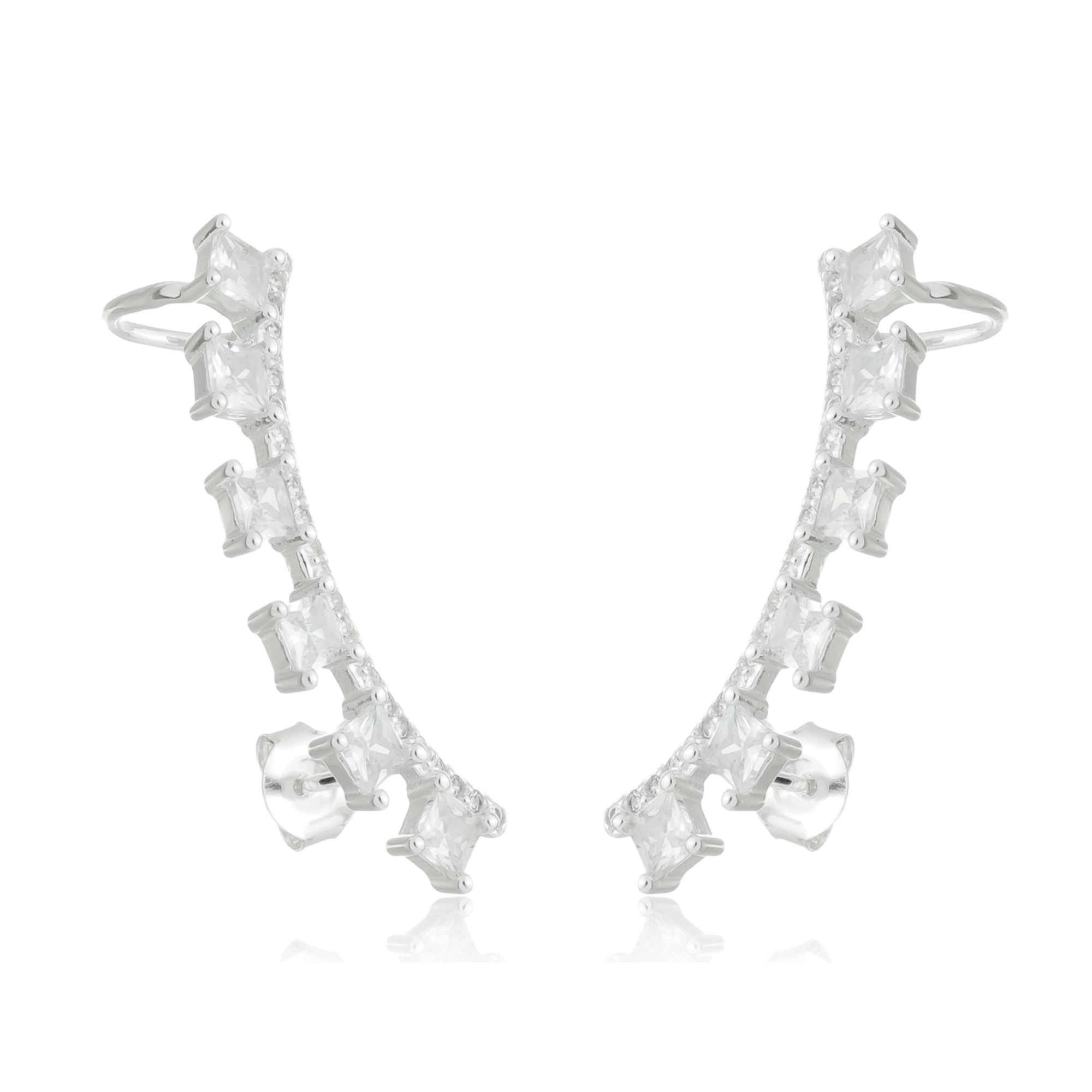 Brinco Prata Ear Cuff Quadrado C/Zircônias Prata 925