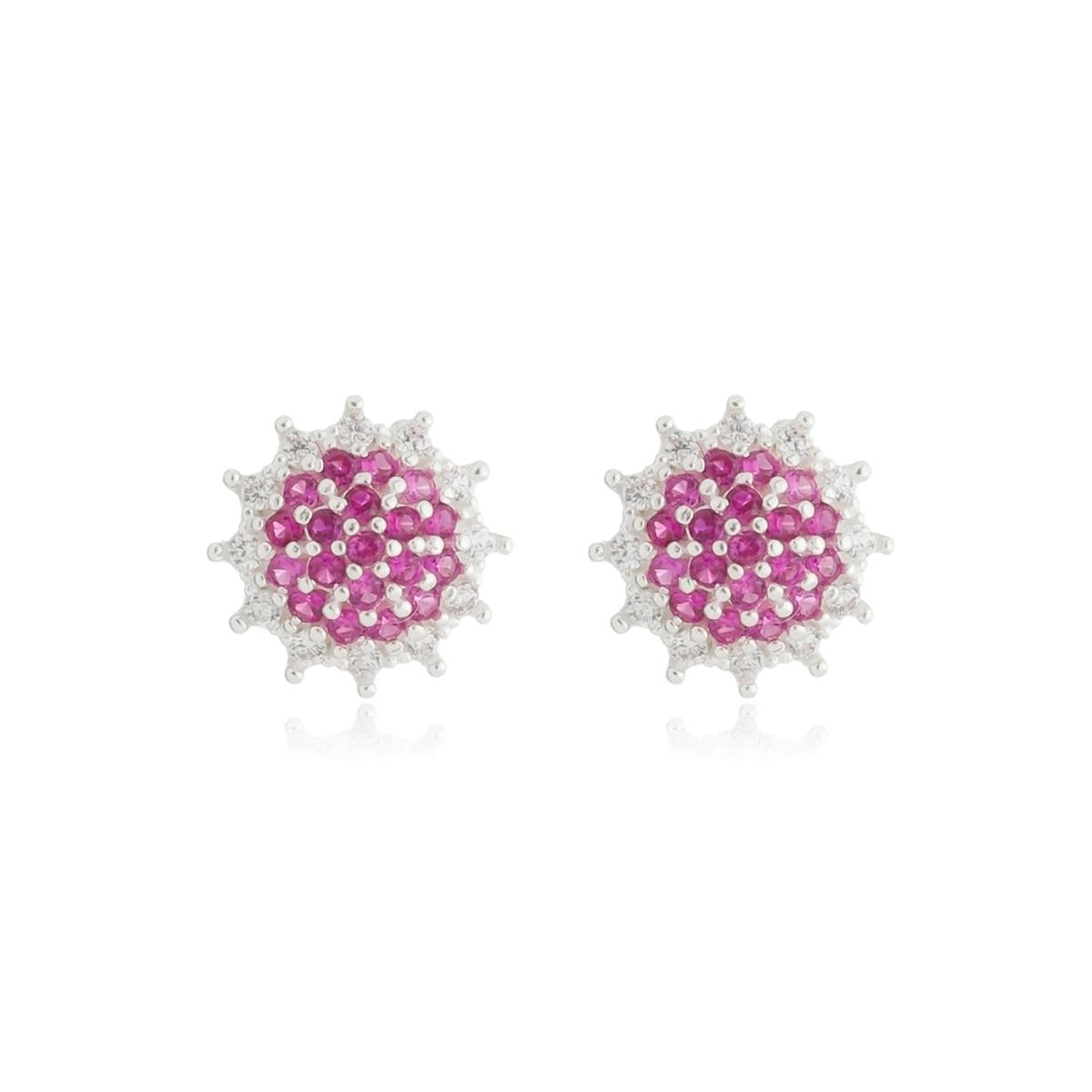 Brinco Prata Flor 10mm C/Zircônia Pink Prata 925