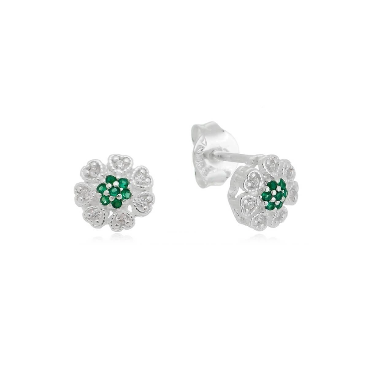 Brinco Prata Flor C/ Zircônia Verde 7.30mm Prata 925 BRF161VD