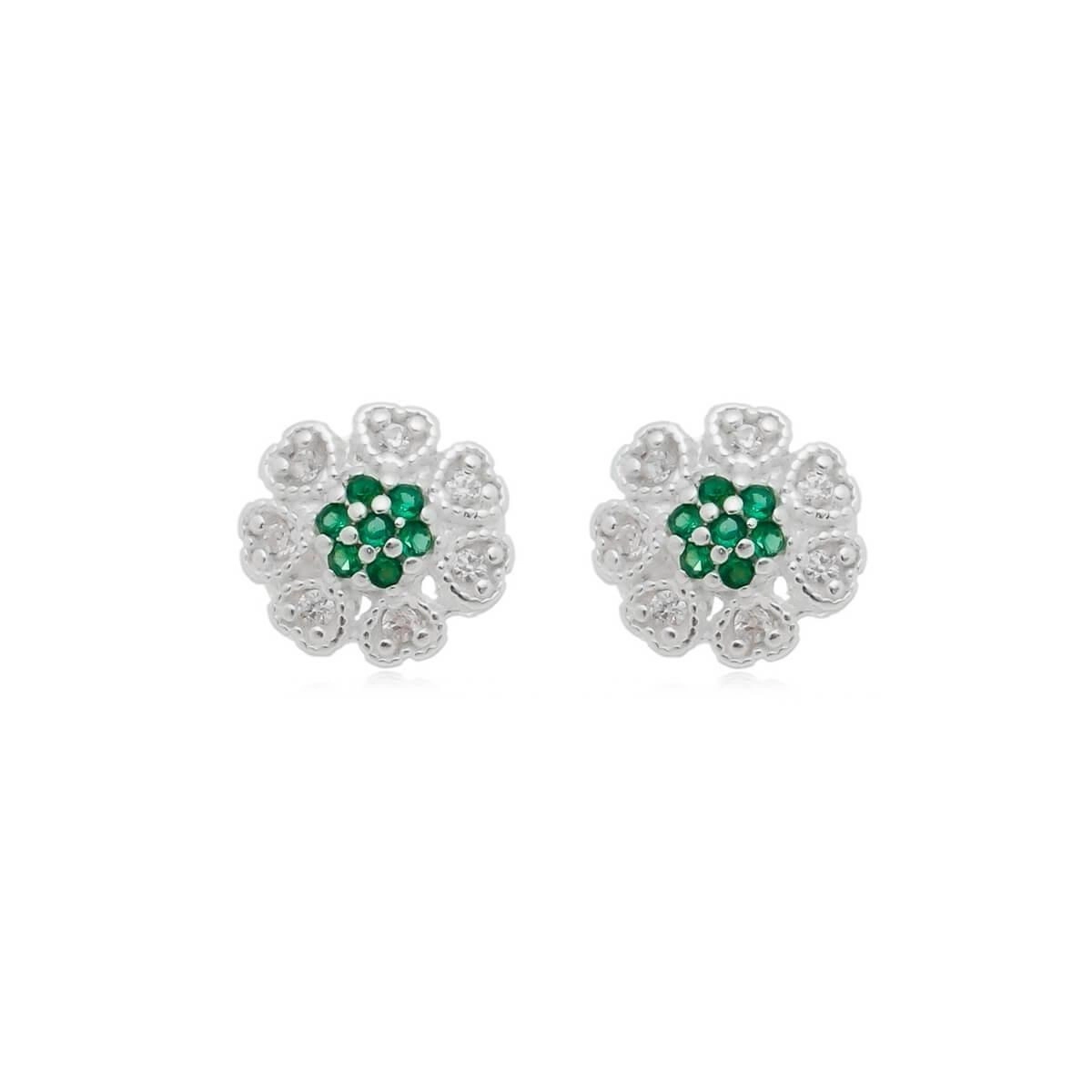 Brinco Prata Flor C/ Zircônia Verde 7.30mm Prata 925 BRF161VD