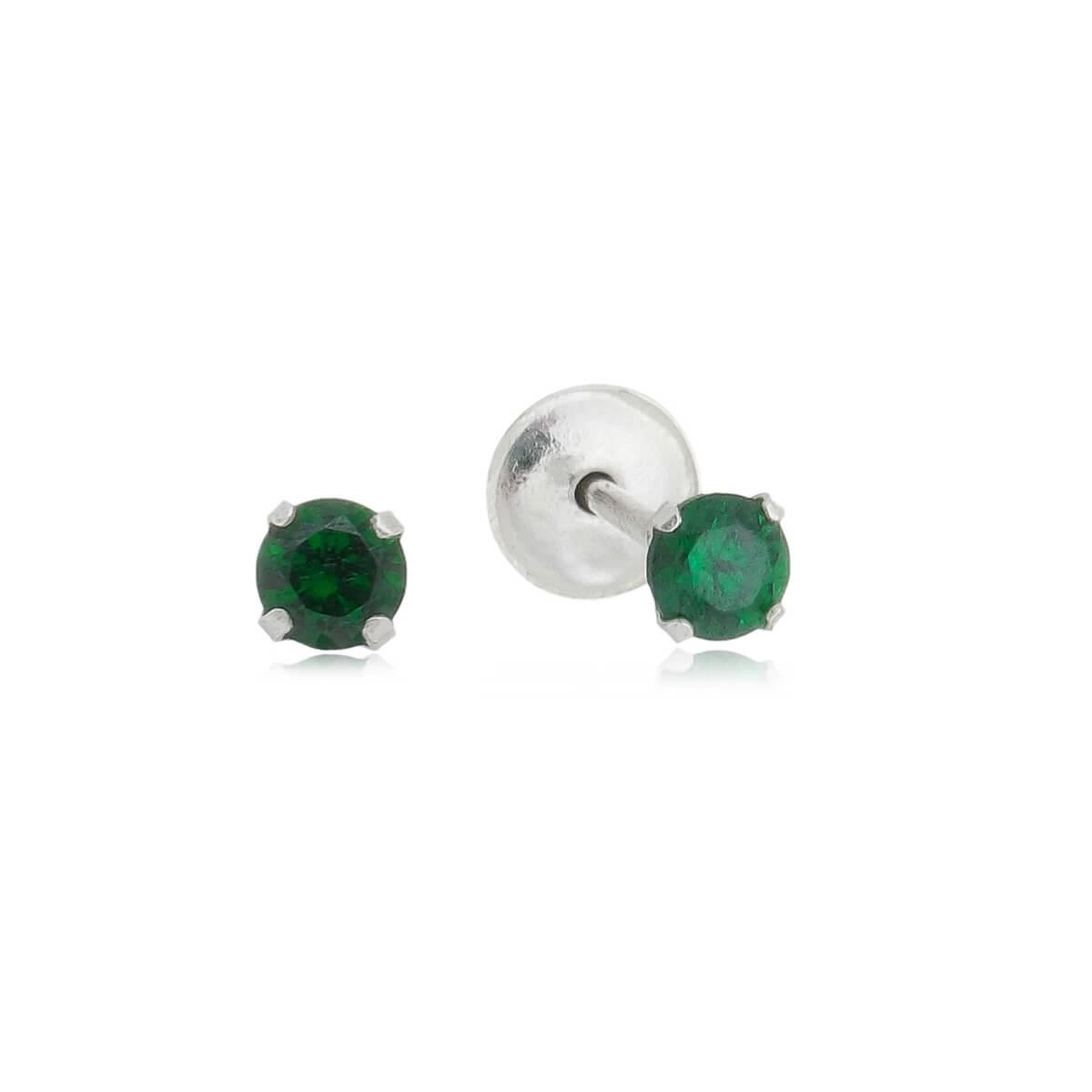 Brinco Prata Solitário Verde 3mm Prata 925