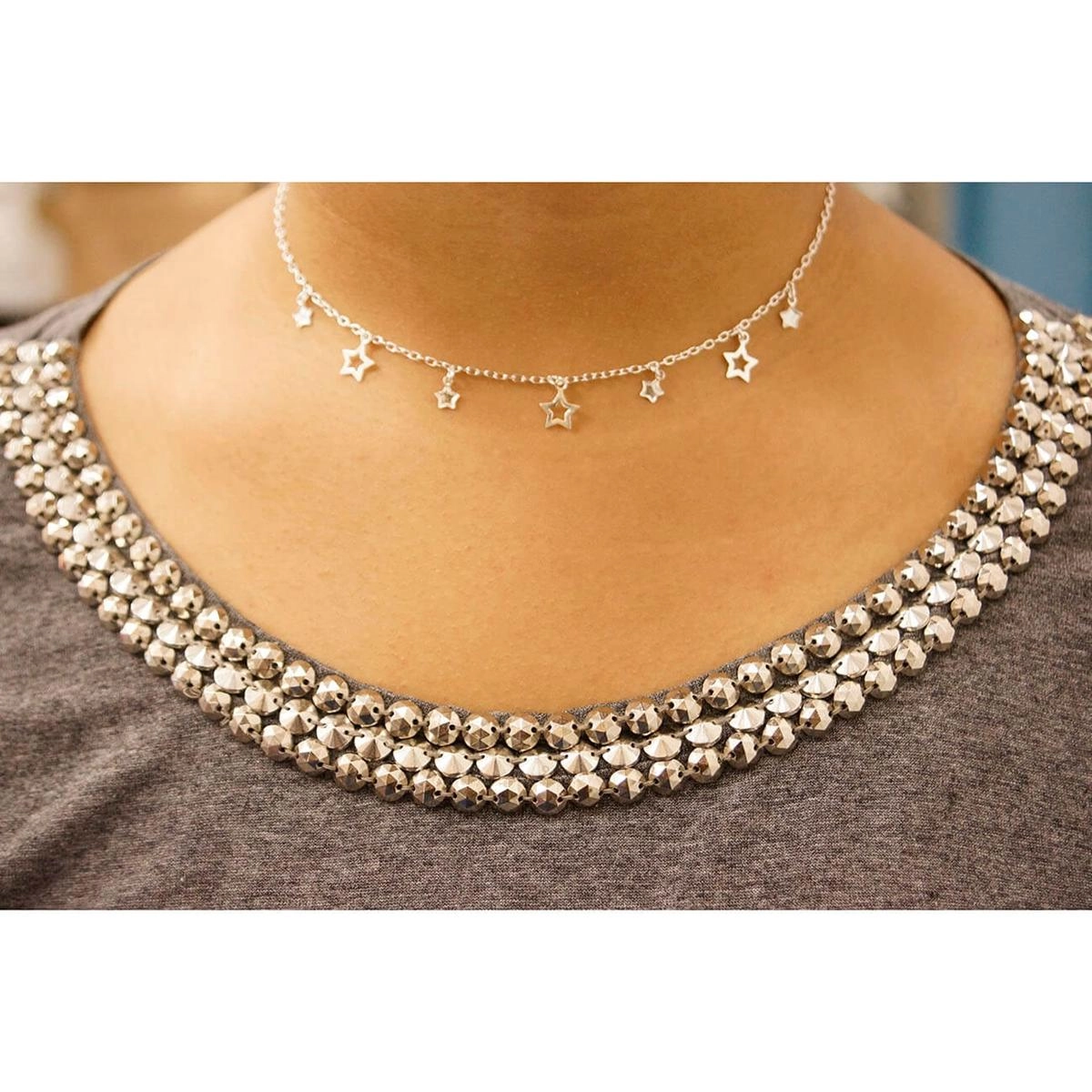 Gargantilha Prata Choker Estrela Vazada Prata 925