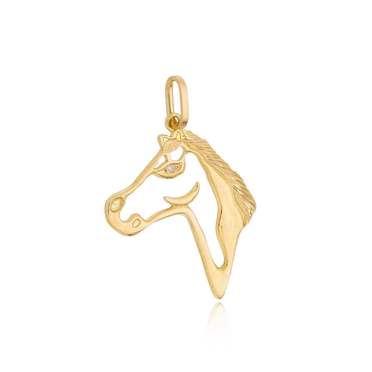 Pingente Ouro 18k Cavalo Vazado C/ Zircônia 23mm