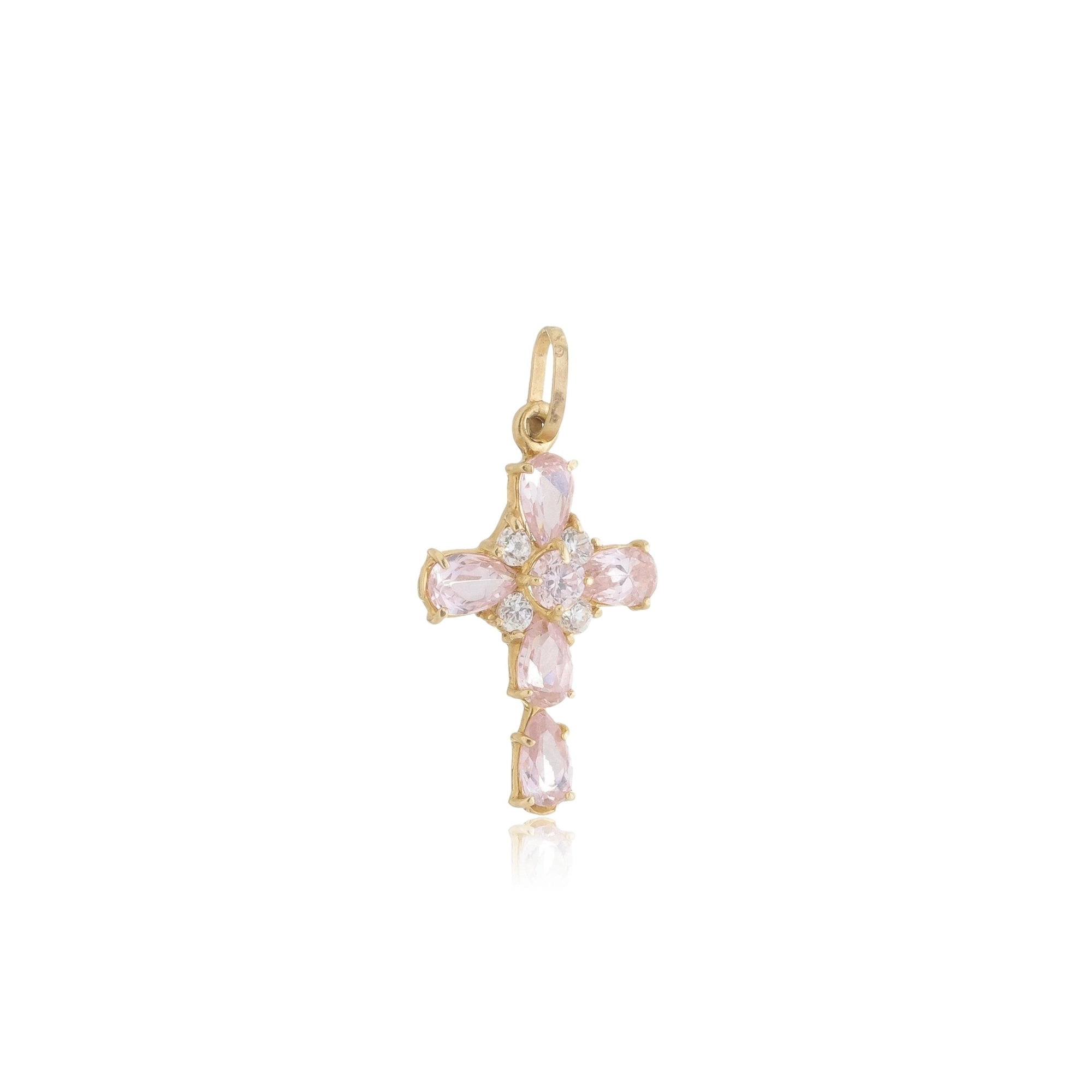 Pingente Ouro 18k Cruz 2.10cm C/Zircônias Rosas