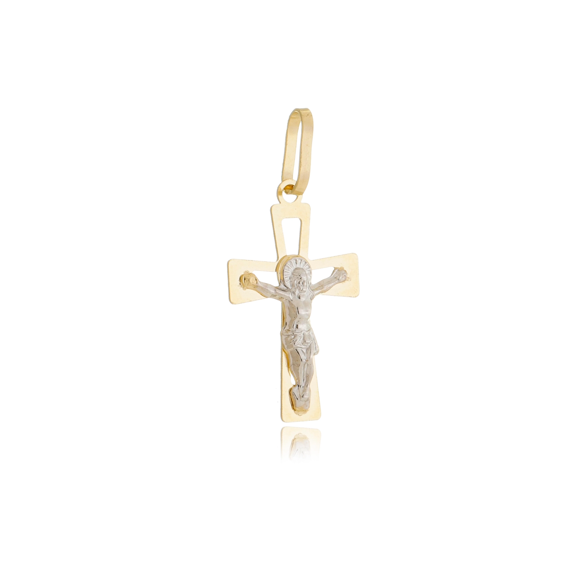 Pingente Ouro 18k Cruz C/Cristo Ródio 2cm