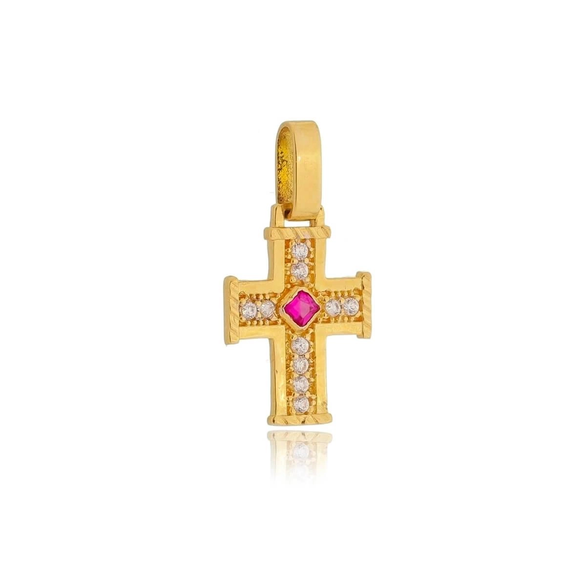 Pingente Ouro 18k Cruz C/Zircônia Pink 17mm 