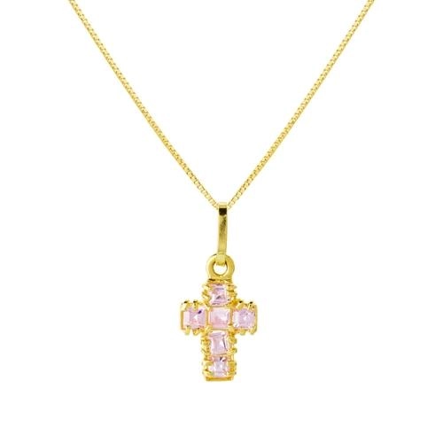 Pingente Ouro 18k Cruz Com Zirconia Rosa 0.65 Gramas