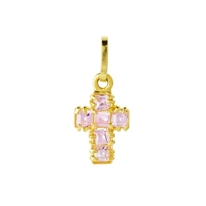 Pingente Ouro 18k Cruz Com Zirconia Rosa 0.65 Gramas