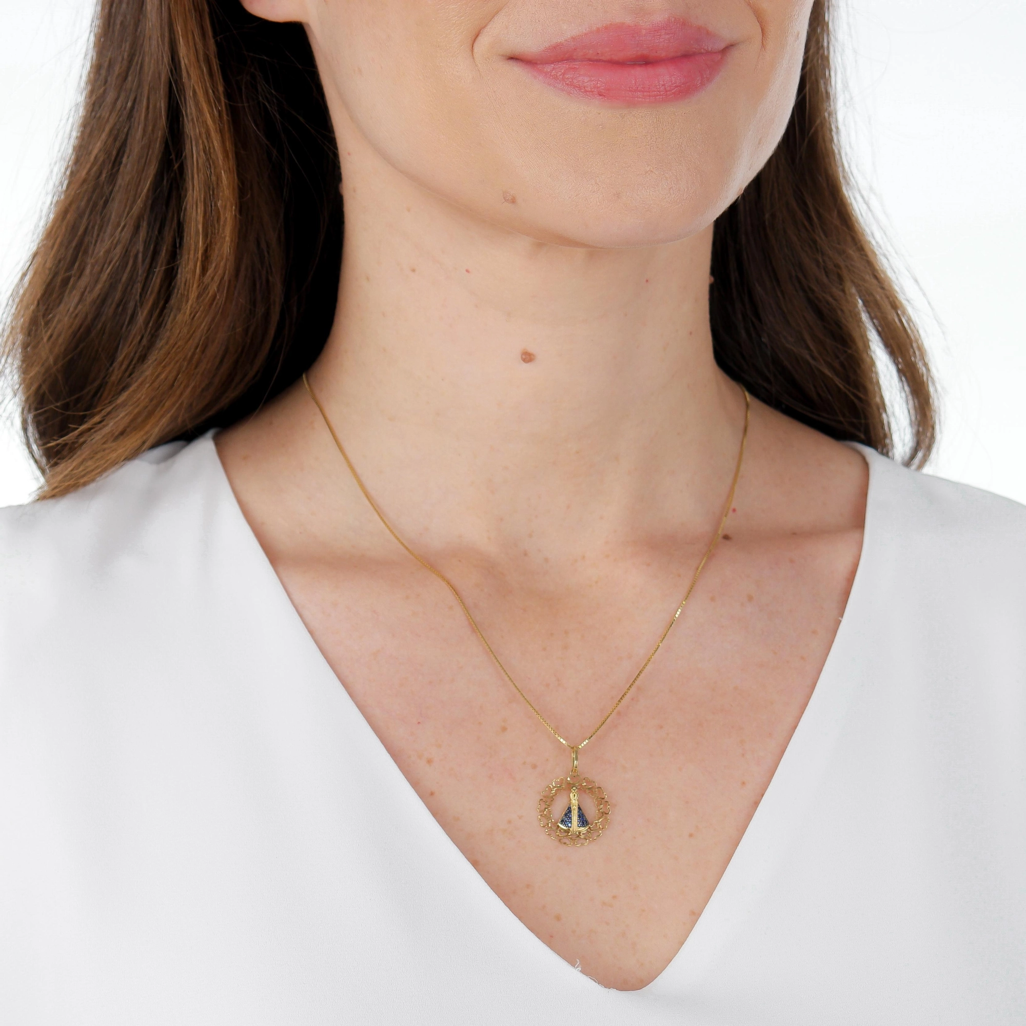 Pingente Ouro 18k Nossa Senhora Corações 2cm