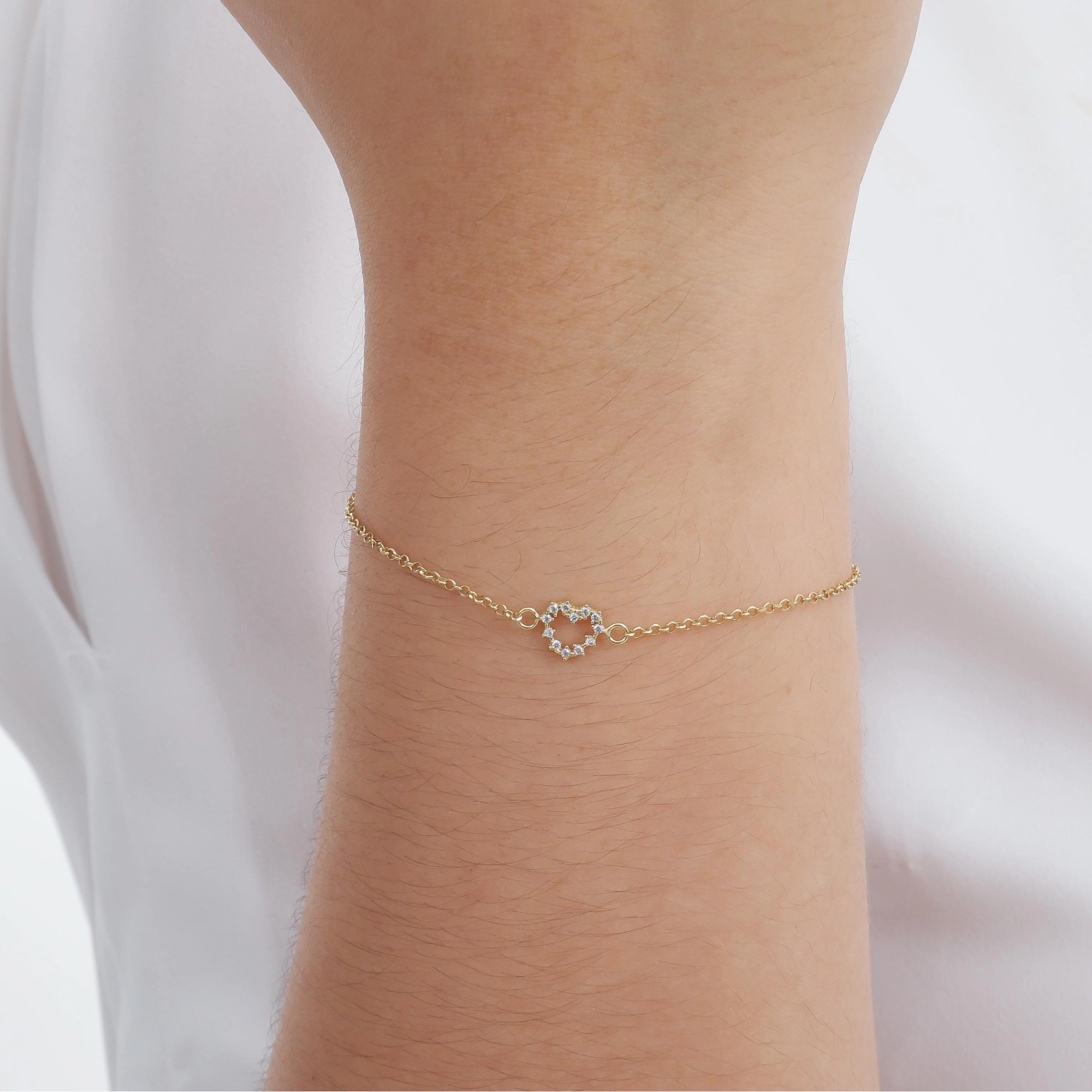 Pulseira Ouro 18k Coração C/Zircônias 18cm